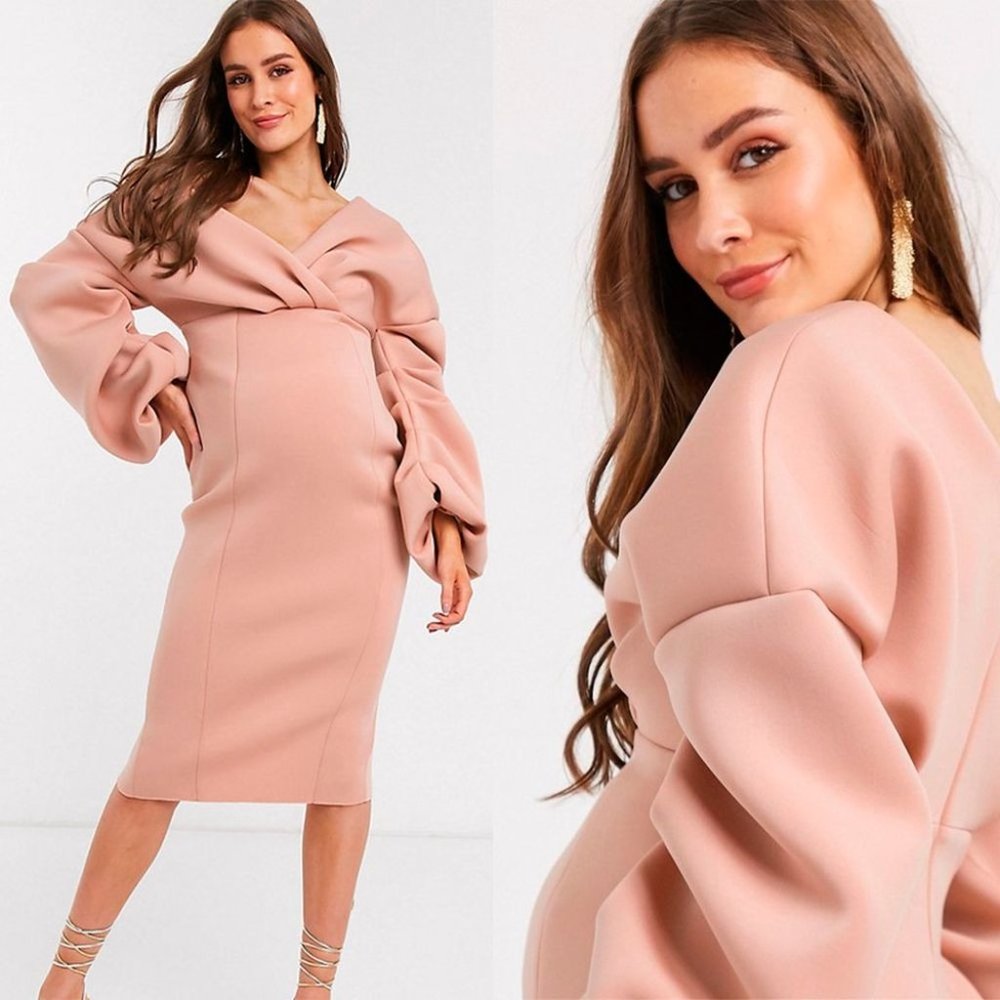 ASOS Maternity Fallen Shoulder Pleated Puff Sleeve Pencil Midi Dress‎ Rose Sz 8 - Picture 2 of 13